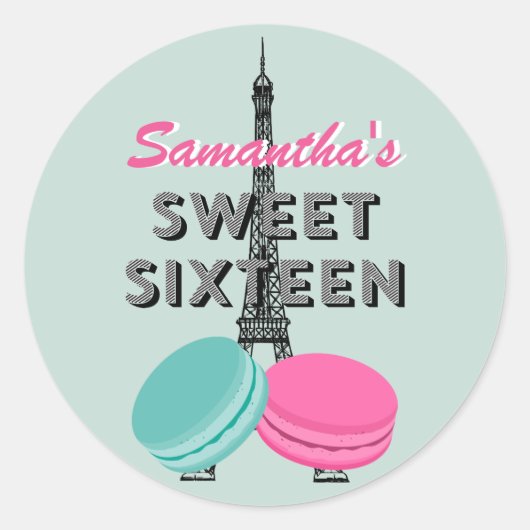 Sweet Sixteen Paris Macaron Verjaardag Sticker Fav (Voorkant)