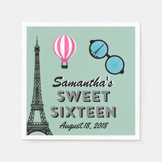 Sweet Sixteen Paris Theme Birthday Paper Napkin Servetten (Voorkant)