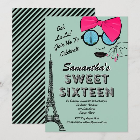 Sweet Sixteen Paris Theme Verjaardagsuitnodiging K Kaart (Voorkant / Achterkant)