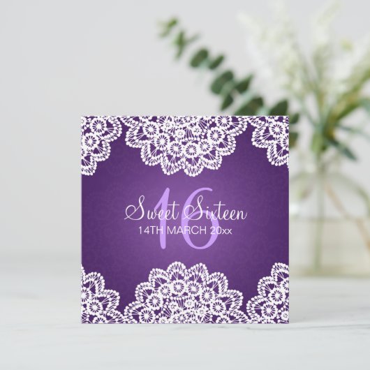 Sweet Sixteen Partij  Lace Paars Kaart (Staand voorkant)