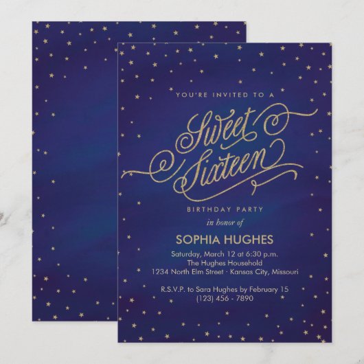 Sweet Sixteen-partij met anonieme blauwe en gouden Kaart (Voorkant / Achterkant)