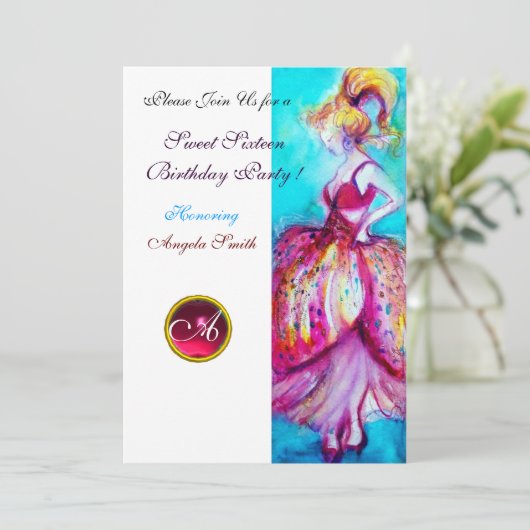 SWEET SIXTEEN PARTIJ, Red Pink Ruby Monogram Kaart (Staand voorkant)