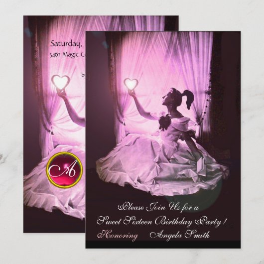 SWEET SIXTEEN PARTIJ, Red Pink Ruby Monogram zwart Kaart (Voorkant / Achterkant)