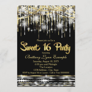 Sweet Sixteen Party Black en Gold Glam Sparkle Kaart