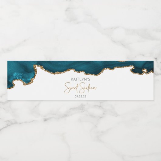 Sweet Sixteen Party Blauwgroen Blauw Goud Agaat Waterfles Etiket (Enkel label)