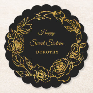 Sweet Sixteen Party Luxe Goud Roos Bloemen Zwart Kartonnen Onderzetters