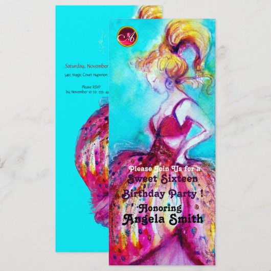 SWEET SIXTEEN PARTY MONOGRAM red ruby blue black b Kaart (Voorkant / Achterkant)