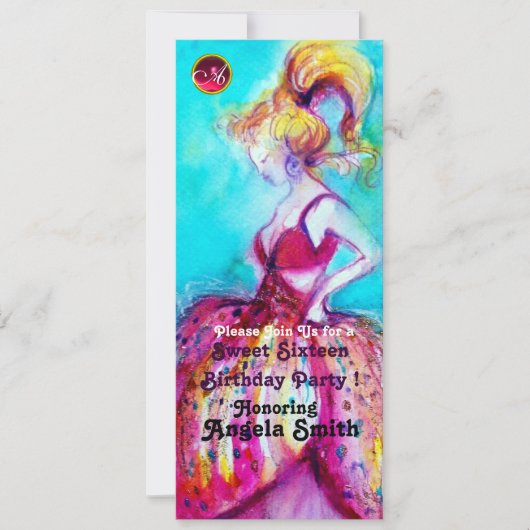 SWEET SIXTEEN PARTY MONOGRAM red ruby blue black b Kaart (Voorkant)