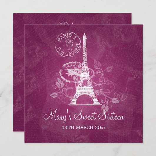 Sweet Sixteen Party Romantic Paris Pink Kaart (Voorkant / Achterkant)