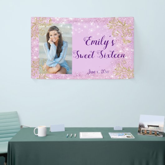 Sweet Sixteen Party, roze glitter, aangepaste bann Spandoek (Beurs)