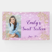 Sweet Sixteen Party, roze glitter, aangepaste bann Spandoek (Horizontaal)