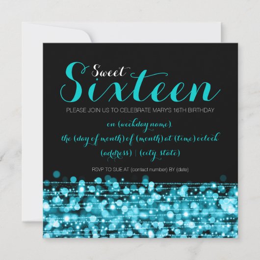 Sweet Sixteen Party Sparkles & Lights Turquoise Kaart (Voorkant)