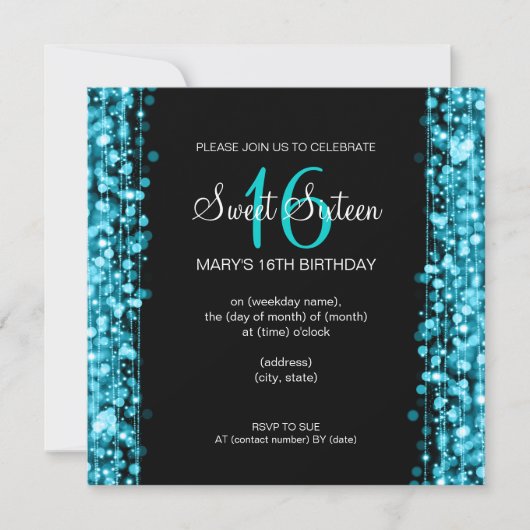 Sweet Sixteen Party Sparkles Turquoise Kaart (Voorkant)