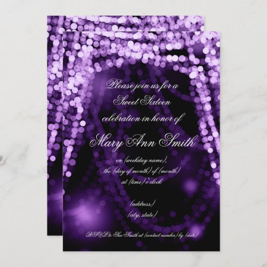 Sweet Sixteen Party String Lights Paars Kaart (Voorkant / Achterkant)