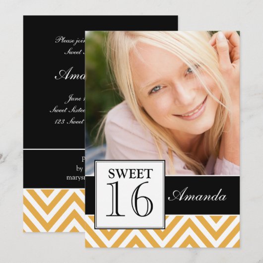 SWEET SIXTEEN PARTY YELLOW CHEVRON KAART (Voorkant / Achterkant)