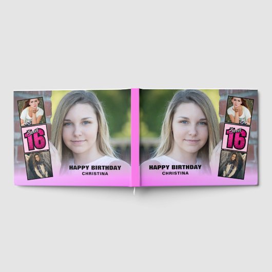 Sweet Sixteen Photo Collage Hot Pink Glitter Gastenboek (Volledig)