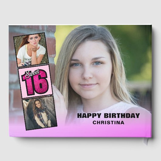 Sweet Sixteen Photo Collage Hot Pink Glitter Gastenboek (Achterkant)