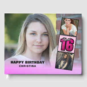 Sweet Sixteen Photo Collage Hot Pink Glitter Gastenboek