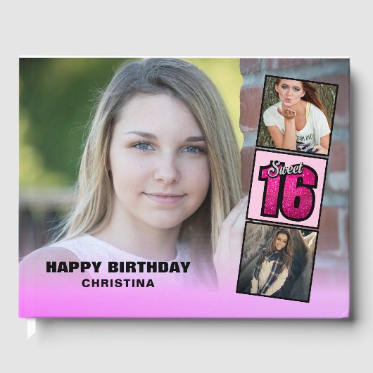 Sweet Sixteen Photo Collage Hot Pink Glitter Gastenboek (Voorkant)
