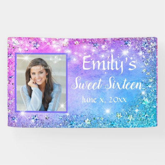 Sweet Sixteen Pink Blue Glitter Sparkle Lights Spandoek (Horizontaal)