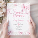 Sweet Sixteen Pink Bows Pearls Coquette Kaart<br><div class="desc">Coquette pink bows and pearls Sweet Sixteen celebration invitation. Features trendy heart script font pink bows and pearls. Perfect for an elegant glam Sweet 16 birthday celebration. Personalize with your own details. Printed Zazzle invitations or instant download digital printable template.</div>