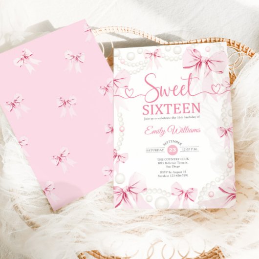 Sweet Sixteen Pink Bows Pearls Coquette Kaart