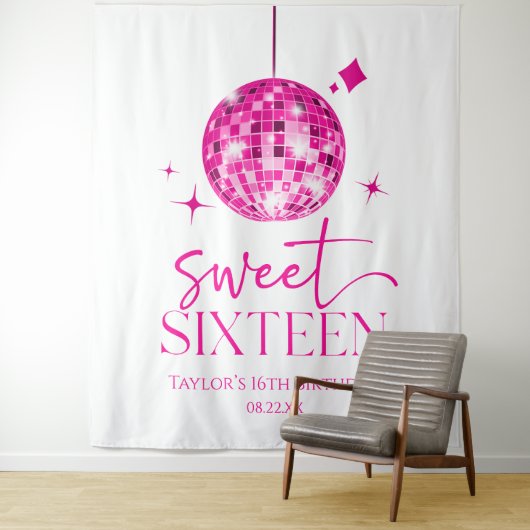 Sweet Sixteen Pink Disco Ball 16e verjaardagsfeest Wandkleed (In situ)