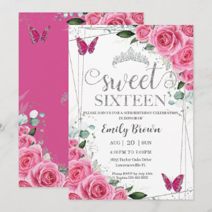 Sweet Sixteen Pink Fuchsia Floral Silver Butterfly Kaart
