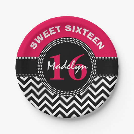 Sweet Sixteen Pink Monogram Chevron Papieren Bordje (Voorkant)