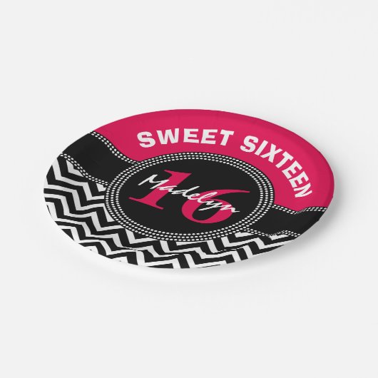 Sweet Sixteen Pink Monogram Chevron Papieren Bordje (Gekanteld)