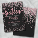 Sweet Sixteen Pink Rose Gold Glitter 16e verjaarda Kaart<br><div class="desc">Introductie van een chique en speelse Sweet Sixteen 16e verjaardagsfeestuitnodiging die perfect is om in stijl te vieren. Het elegante ontwerp is voorzien van een mix van roze roségoud glitter en zilveren glitter confetti, wat een leuke en girly touch toevoegt. Bovenaan wordt "Sixteen" prominent weergegeven in gedurfde kalligrafie, waardoor de...</div>