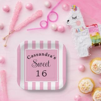 Sweet Sixteen Pink Stripe Classic Chic Papieren Bordje