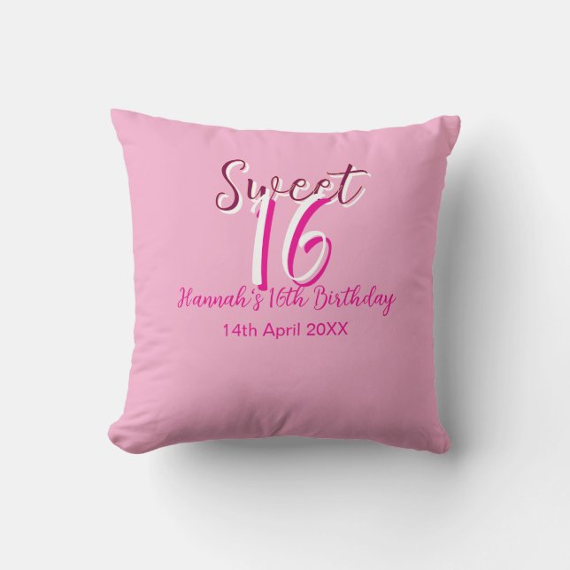 Sweet sixteen pink white name date bold letter mar kussen (Voorkant)