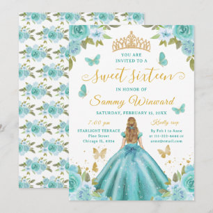 Sweet Sixteen Prinses Turquoise Bloemen Gouden Tia Kaart