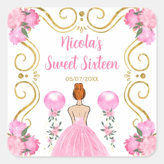 Sweet Sixteen Red Hair Princess in Pink Vierkante Sticker (Voorkant)
