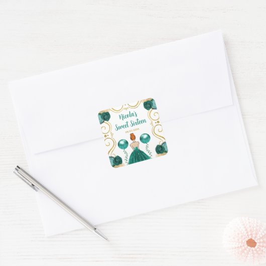 Sweet Sixteen Red Hair Princess in Teal Vierkante Sticker (Envelop)