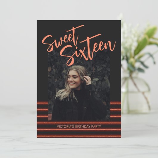 Sweet Sixteen Red Neon Glitter Verjaardagsfeestje Kaart (Staand voorkant)