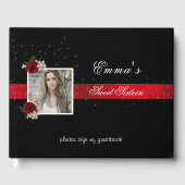 Sweet Sixteen, Red Satin Red Roses Sparkle Photo Gastenboek (Voorkant)