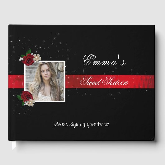 Sweet Sixteen, Red Satin Red Roses Sparkle Photo Gastenboek (Voorkant)