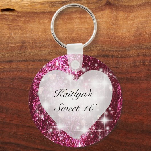 Sweet Sixteen Rood Glitter Witte Hart.   Sleutelhanger (Voorkant)