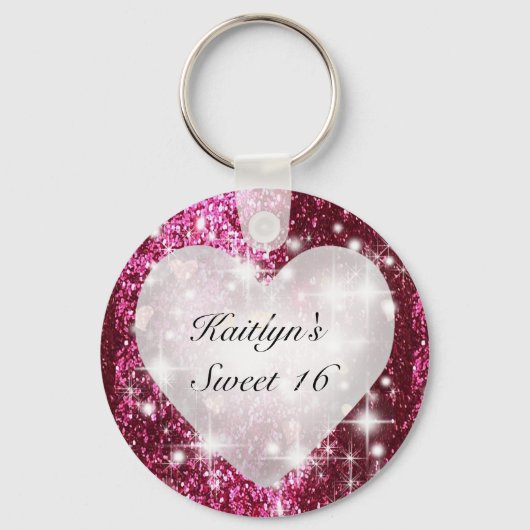 Sweet Sixteen Rood Glitter Witte Hart. Sleutelhanger (Achterkant)