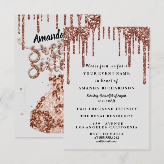 Sweet Sixteen Roos Dress Glitter Drip Black Grey Kaart (Voorkant / Achterkant)