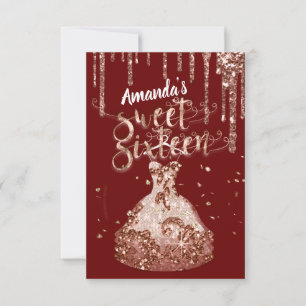 Sweet Sixteen Roos Dress Glitter Drip Burgundy Kaart