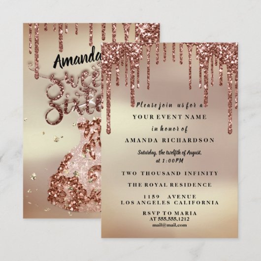 Sweet Sixteen Roos Floral Dress Glitter Drift Glam Kaart (Voorkant / Achterkant)