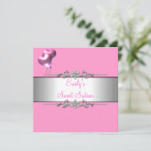 Sweet Sixteen roze ballon Silver Birthday Party Kaart (Staand voorkant)