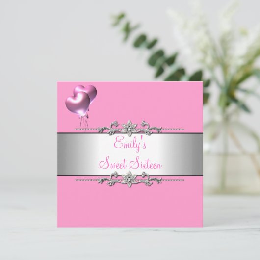 Sweet Sixteen roze ballon Silver Birthday Party Kaart (Staand voorkant)
