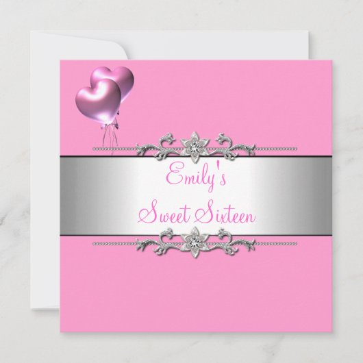 Sweet Sixteen roze ballon Silver Birthday Party Kaart (Voorkant)