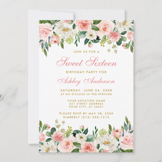 Sweet Sixteen Roze Blush Floral Gold Kaart (Voorkant)