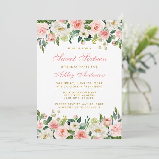 Sweet Sixteen Roze Blush Floral Gold Kaart (Staand voorkant)