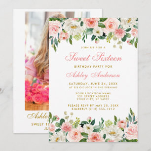 Sweet Sixteen Roze Blush Floral Gold Photo Kaart